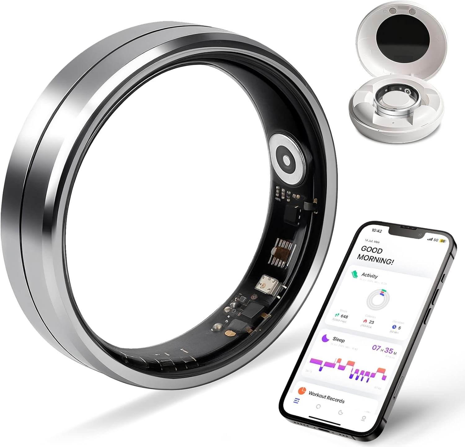 Smart Ring for Women and Men, 5ATM Waterproof Smart Rings Health Tracker with Sleep/Stress/Heart Rate/Activity Monitor, No Subscription, Smart Rings Fitness Tracker for Android iOS, Size 8, Silver