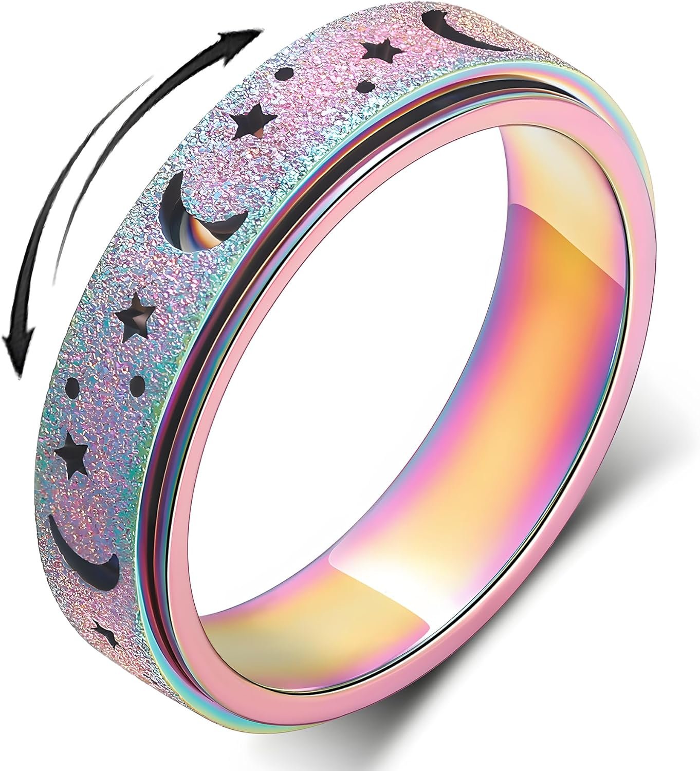 Anxiety Ring for Women Spinner Rings:Rotating Rings Stainless Steel 6mm Moon Star Anxiety for Men Band Jewelry Gift for Women Size 6 7 8 9 10