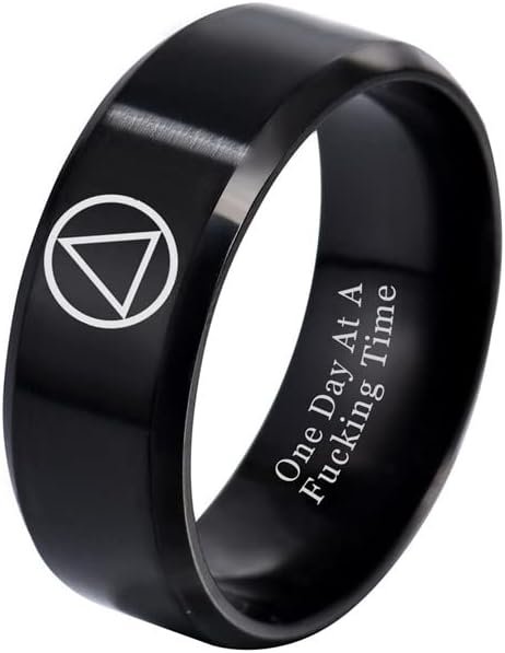 ForeverWill, One Day at A Time Sobriety Stainless Steel Sober Recovery Band Ring Inspirational Alcoholics Anonymous Addiction Surgery Recovering Jewelry Gift,Size 9, FW-DC-0012-so-9, Black
