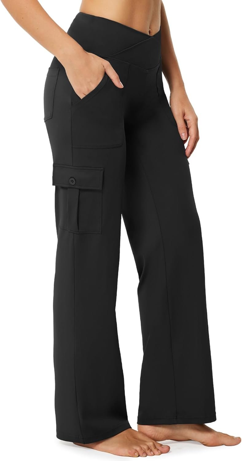 Casei Women’s Wide Leg Yoga Pants with 6 Pockets Stretchy Cargo Work Dress Pants High Waisted Travel Scrub Trousers