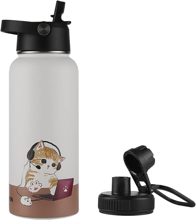 Funkrin Insulated Water Bottle with Straw Lid & Spout Lid, 32oz Personalized Vacuum Stainless Steel Travel Mug, Leak Proof Double Walled Bottle for Hot & Cold Beverages