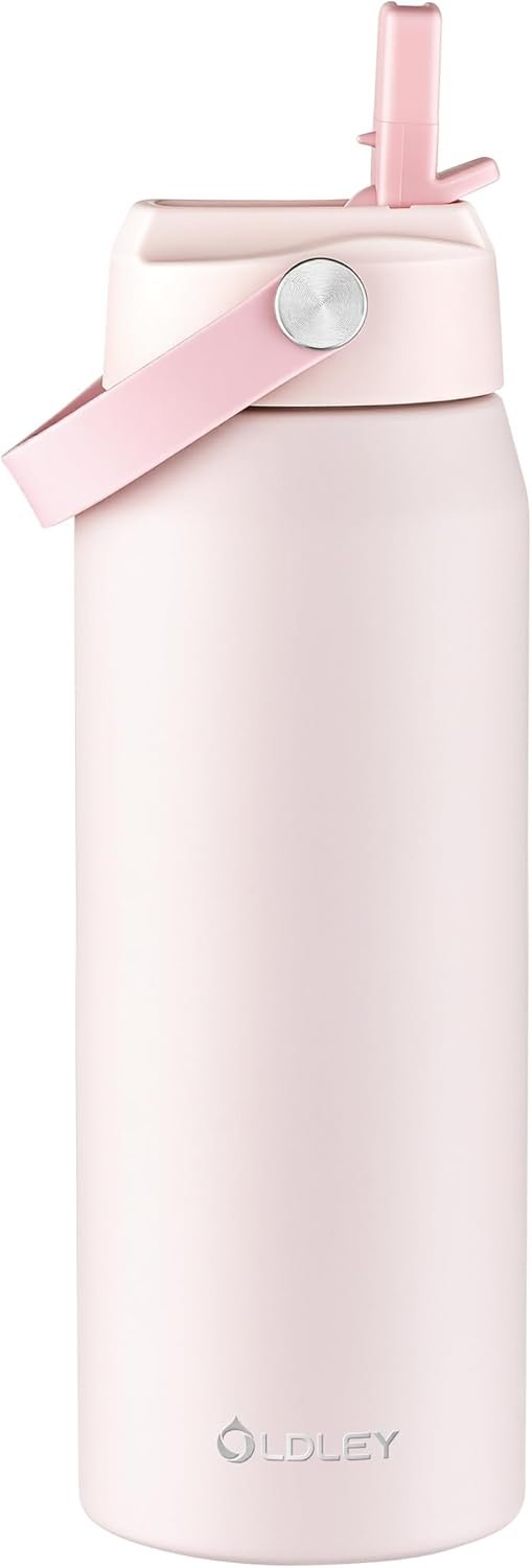 Oldley 24oz Insulated Water Bottle with Straw, Stainless Steel Water Bottle for Sports, Travel, School, BPA-Free Sports Bottles for Adult Kids, Leak-Proof, Pink