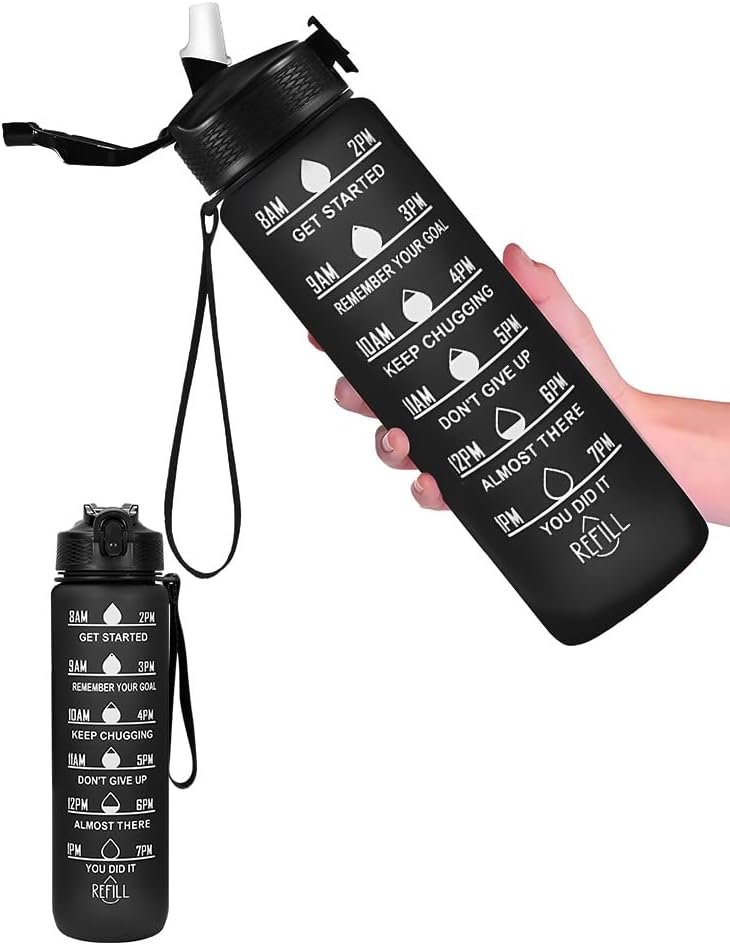 Motivational 32oz Water Bottle with Times to Drink and Straw, Leakproof, BPA-Free Fitness Sports Bottle with Carrying Strap for Gym, Office, and Outdoor Activities