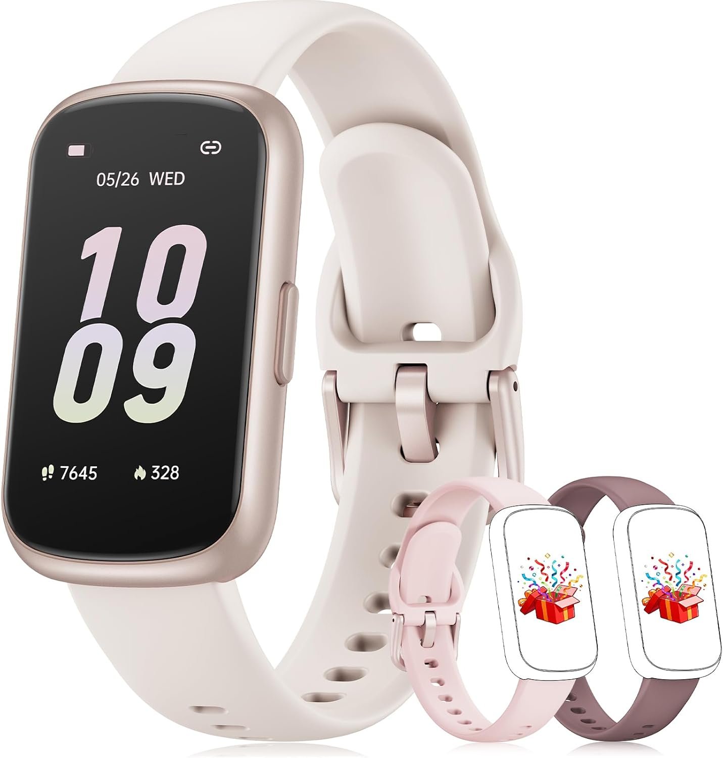 Fitness Tracker with 24/7 Heart Rate Monitor, Sleep Tracker – 3 ATM Waterproof Fitness Watch Calorie Step Counter Smart Watch Includes 3 Sport Bands for Android iOS Women Men, Mystic Rose/Starlight