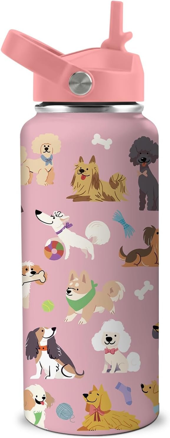 Dog Gifts for Women – 32oz Dog Themed Insulated Water Bottle with Straw – Christmas Birthday Gifts for Puppy Lover – Cute Puppy Stainless Steel Coffee Cup for Sports, Gym, Travel, School