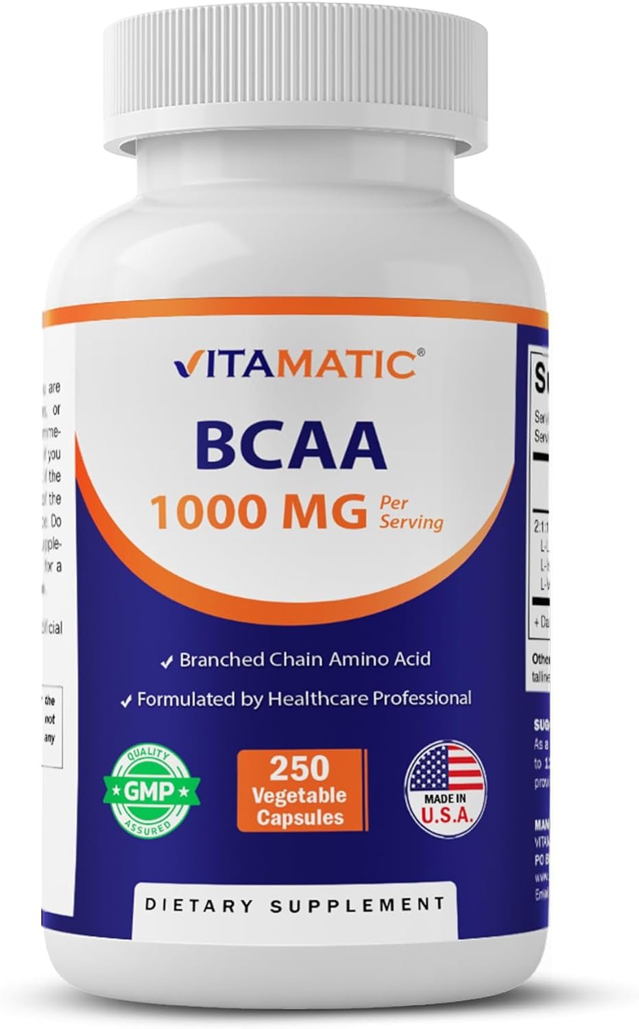 Vitamatic BCAA 1000 mg Per Serving (2:1:1) | 250 Veg Capsules | Branched Chain Amino Acid Supplement | Non-GMO | Made in USA