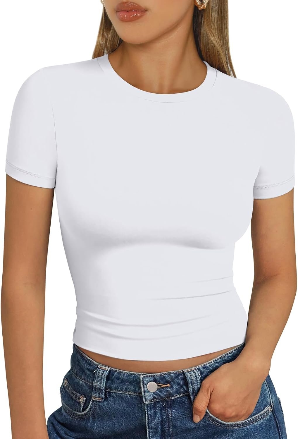 Trendy Queen Womens Short Sleeve T Shirts – Buttery Soft Summer Crop Tops Slim Fit Y2k Basic Tees for Workout