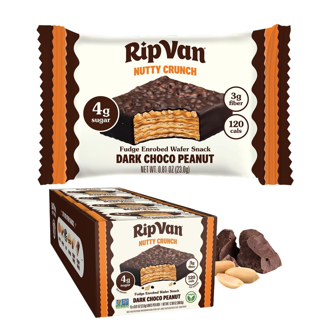 Rip Van Nutty Crunch Dark Chocolate Peanut Butter Wafer – Crispy Wafer Snack, Low Sugar, 120 Calories, Individually Wrapped – 16 Count
