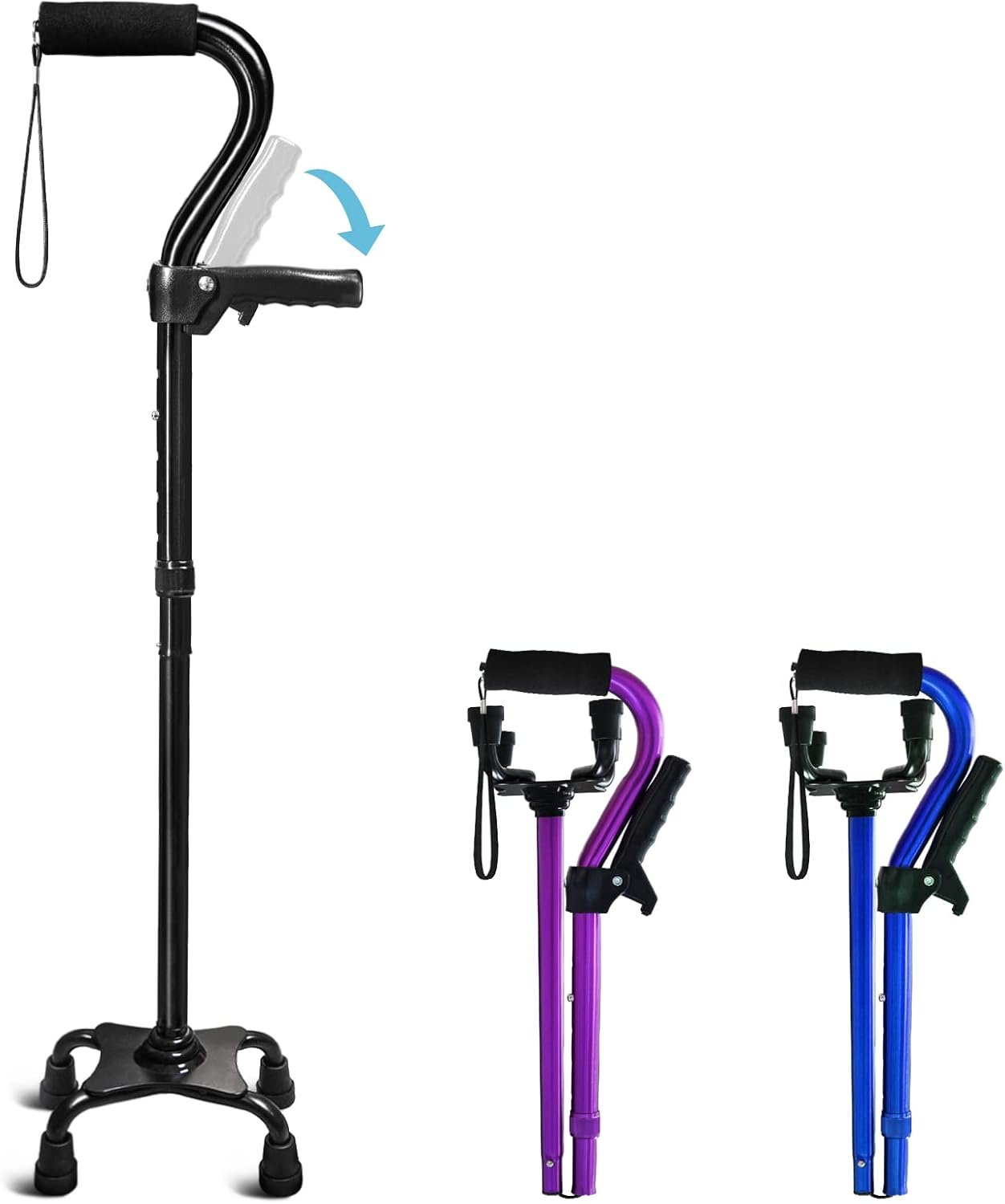 Adjustable Walking Cane for Men & Women with 4-Pronged Base for Extra Stability – Foldable Cane for Seniors with Foam Padded Offset Handle for Soft Grip & a Second Handle for Standing