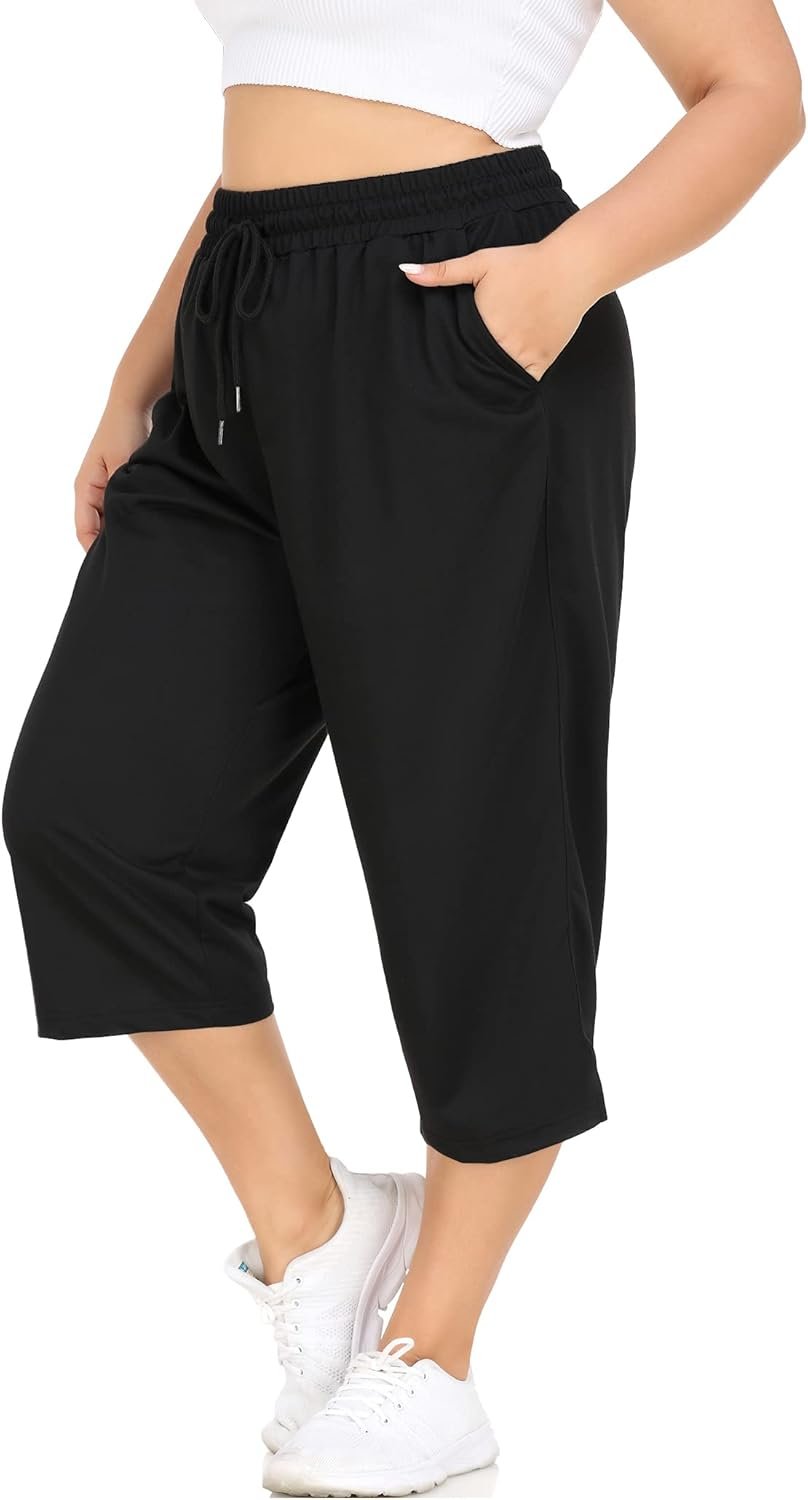 FOREYOND Plus Size Capri Pants for Women Loose Fit Yoga Pants with Pockets Workout Activewear Sweatpants