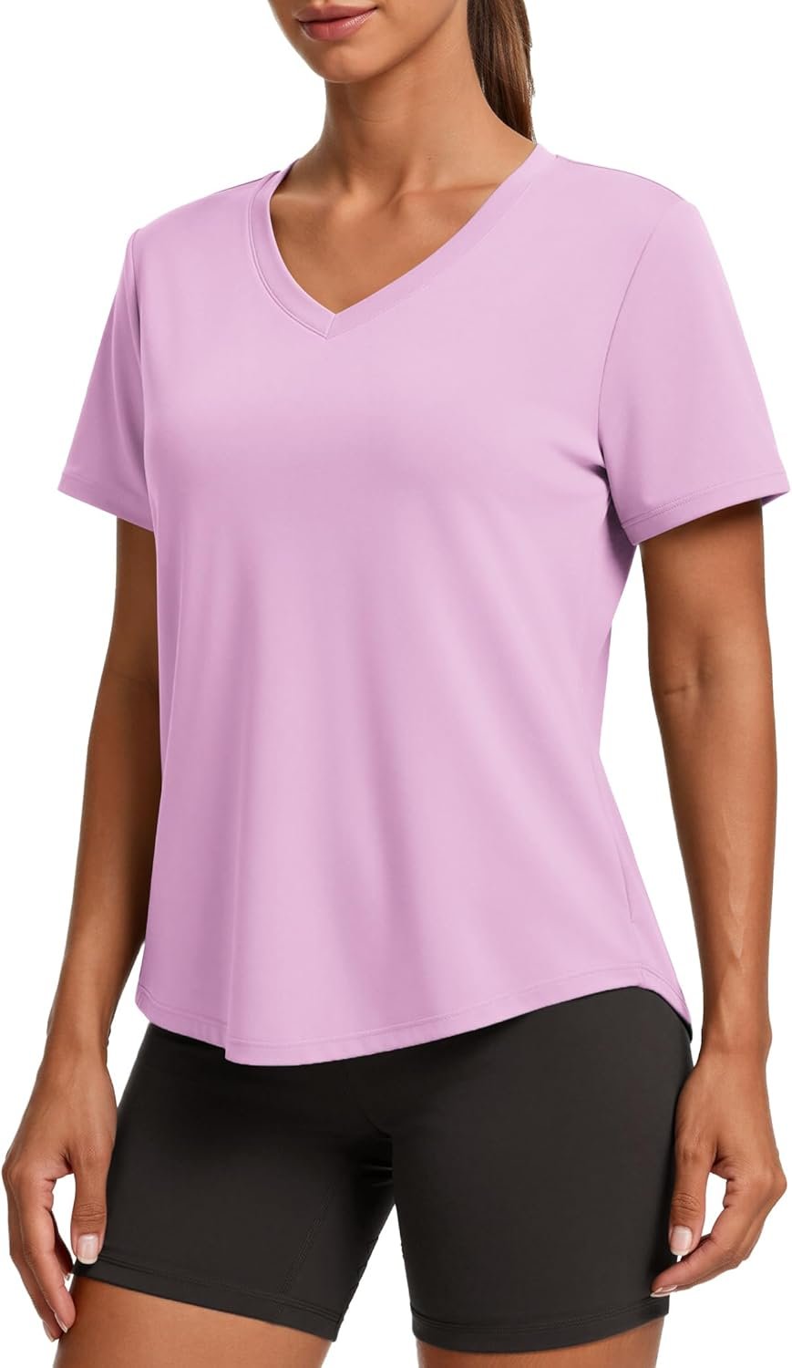 PINSPARK Soft Workout Tops for Women Short Sleeve V Neck Moisture Wicking UPF 50+ Sun Protection Quick Dry Gym Shirts
