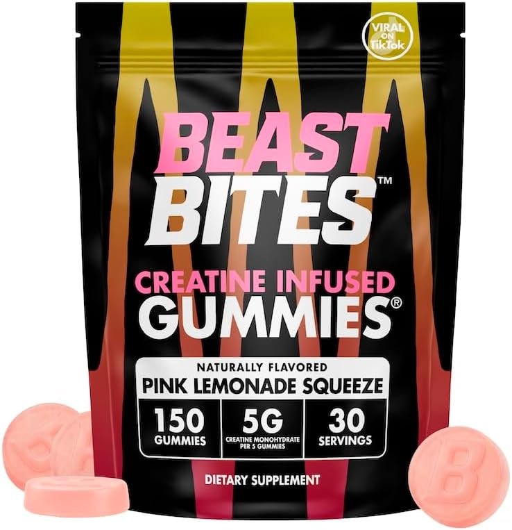 BEAST BITES Creatine Infused Gummies® – 5g Creatine Monohydrate Per Serving – NSF Certified for Sport, Clean Label Project Certified (150 Gummies, Pink Lemonade Squeeze)