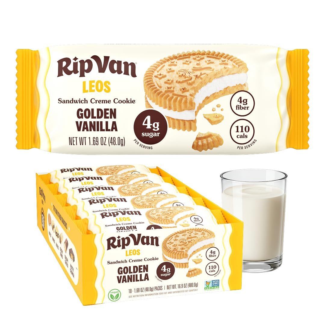 Rip Van LEOs – Golden Vanilla Sandwich Cookies – Low Sugar Snack Cookies – Low Carb Snack – Diabetic Snacks – 40 Low Sugar Cookies (10 Packs of 1.69oz)