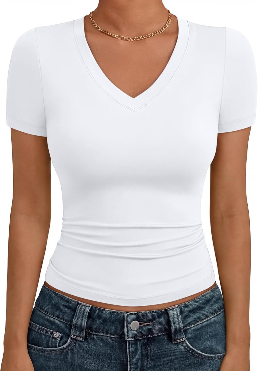 Trendy Queen Womens Basic V Neck Short Sleeve Spring T Shirts Slim Fit Crop Y2k Tee 2026 Summer Gym Workout Cute Top