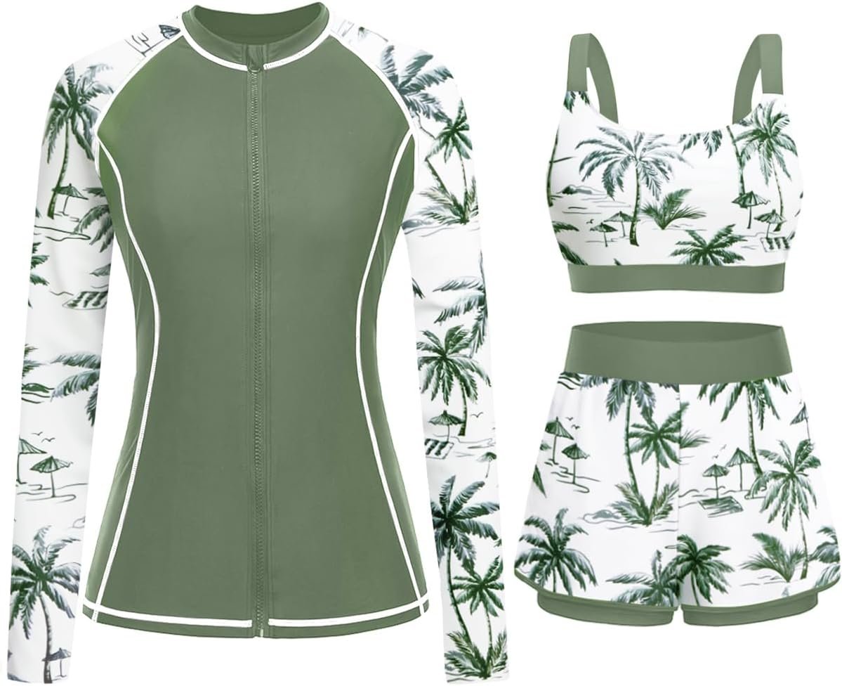 3 Piece Rash Guard for Women – Long Sleeve Swimsuits with Shorts SPF Zip up Swim Shirt with Built in Bra