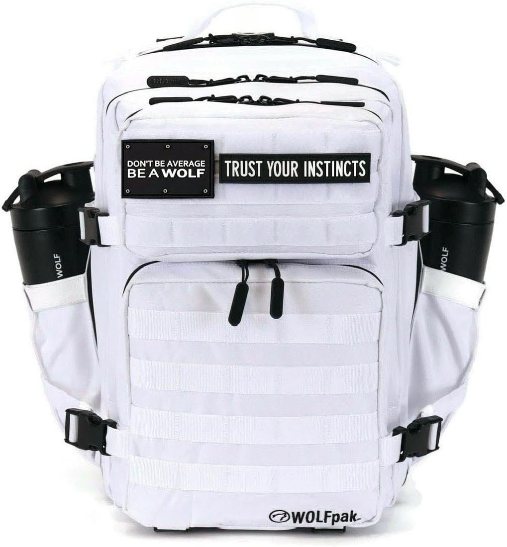 WOLFpak 35L Tactical Gym Backpack (Polar White) Durable 1000D Waterproof Oxford Material with MOLLE Webbing, Laptop Pocket & Dual Cup Holders, Durable Fitness/Travel/Military Daypack