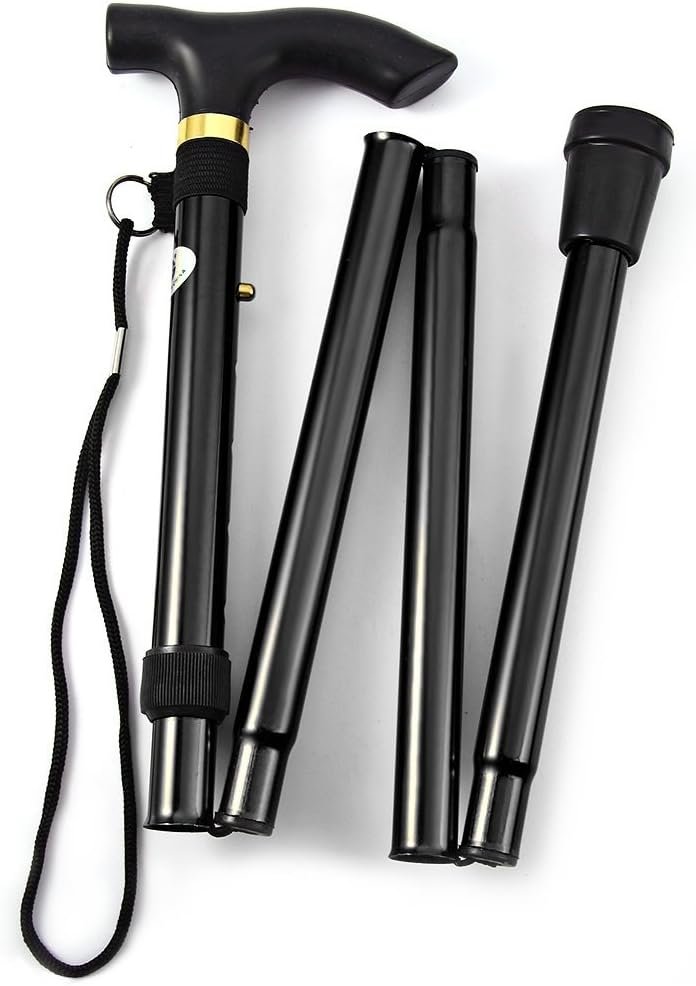 Folding Lightweight Walking Stick – Adjustable Aluminum Metal Collapsible Travel Cane with Non-Slip Rubber Base