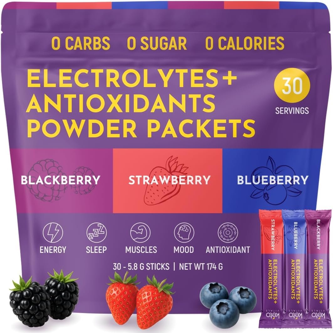 Keto Vitals Antioxidant Electrolytes Powder Packets No Sugar | Keto Friendly Electrolytes Travel Packets | Variety Stickpacks | Energy Drink Mix | Zero Calorie | Zero Carb (Berry Assorted, 30)