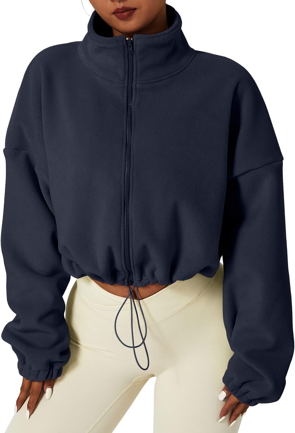 QINSEN Women’s Full Zip Fleece Short Jacket Warm Winter Long Sleeve Stand Collar Sherpa Crop Coat