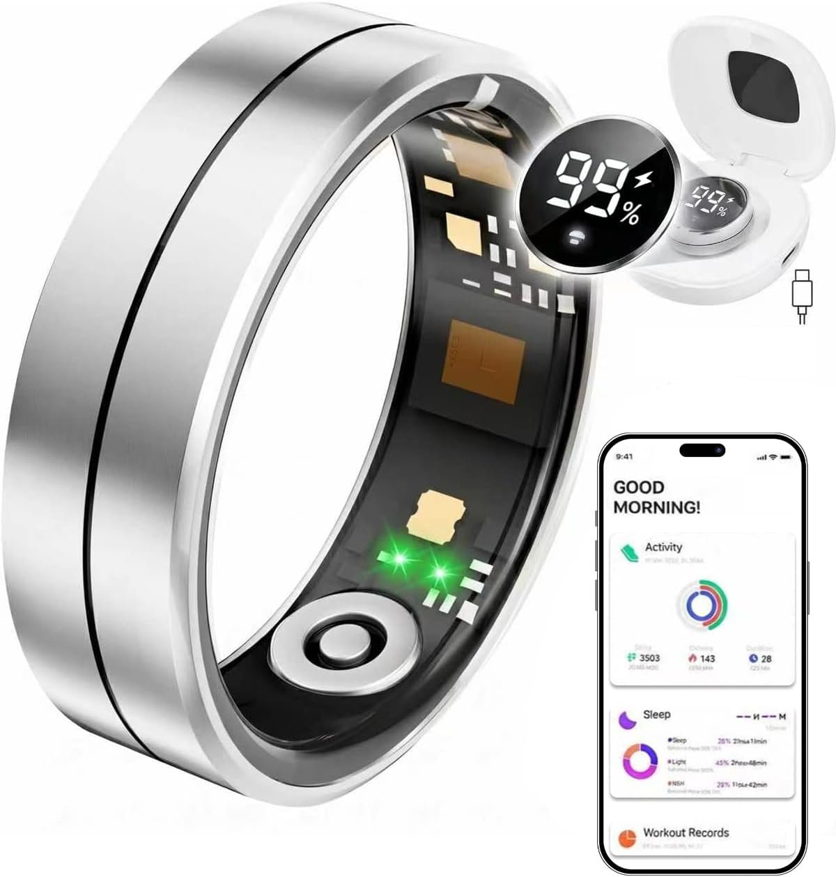 Fvtga Smart Ring for Women Men, Health Tracker with Digital Charging Case, 24/7 Heart Rate SpO2 Sleep Stress Monitoring, IP68 Waterproof Fitness Ring, No Subscription Fee, iOS Android(Silver, 9)