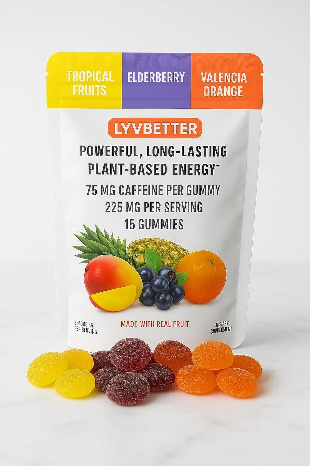 Energy Gummies – Lyvbetter – in 3 Different Flavors – 75mg Caffeine per Gummy, 3 Gummies per Serving – 15 Gummies Total