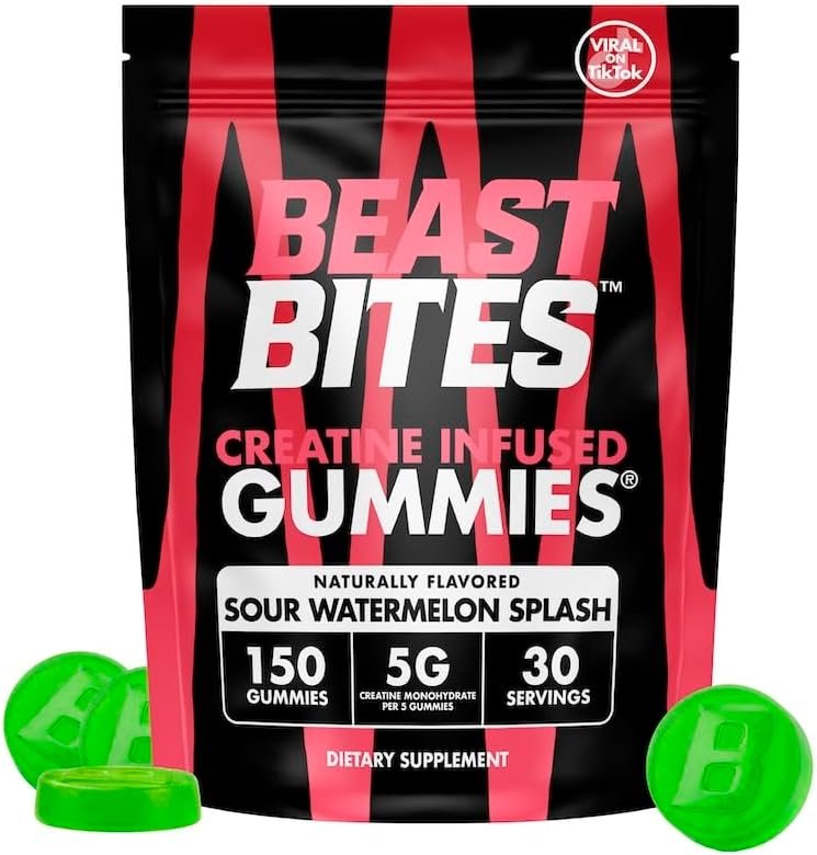 BEAST BITES Creatine Infused Gummies® – 5g Creatine Monohydrate Per Serving – NSF Certified for Sport, Clean Label Project Certified (150 Gummies, Sour Watermelon Splash)