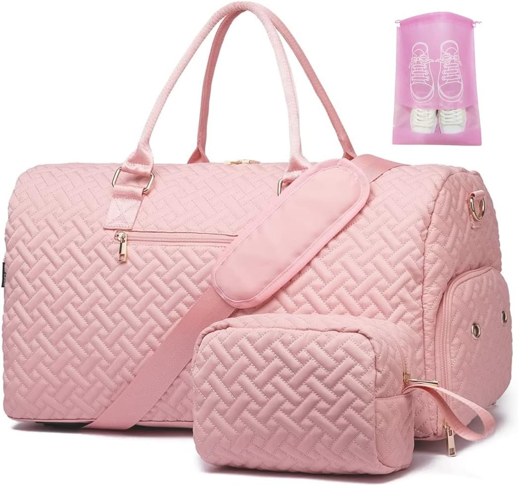 Duffle Bag for Travel, Weekender Bag with Shoe Compartment, Carry On Overnight Bag for Women with Toiletry Bag, Gym Bag with Wet Pocket, Hospital Bags for Labor and Delivery Beige