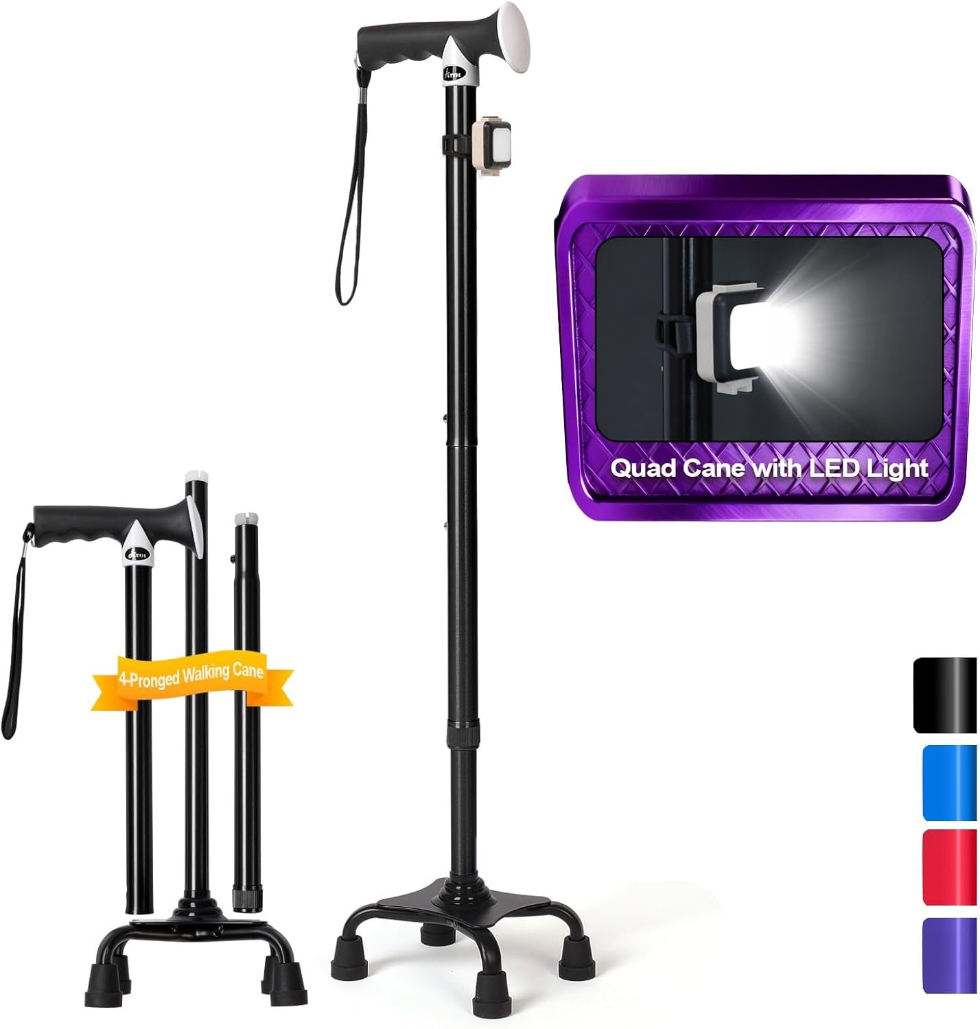 Quad Cane (300 lbs) – Adjustable Walking Cane with Large 4-Pronged Base & LED Light, Extra Balance & Stability Walking Stick for Seniors, Men & Women