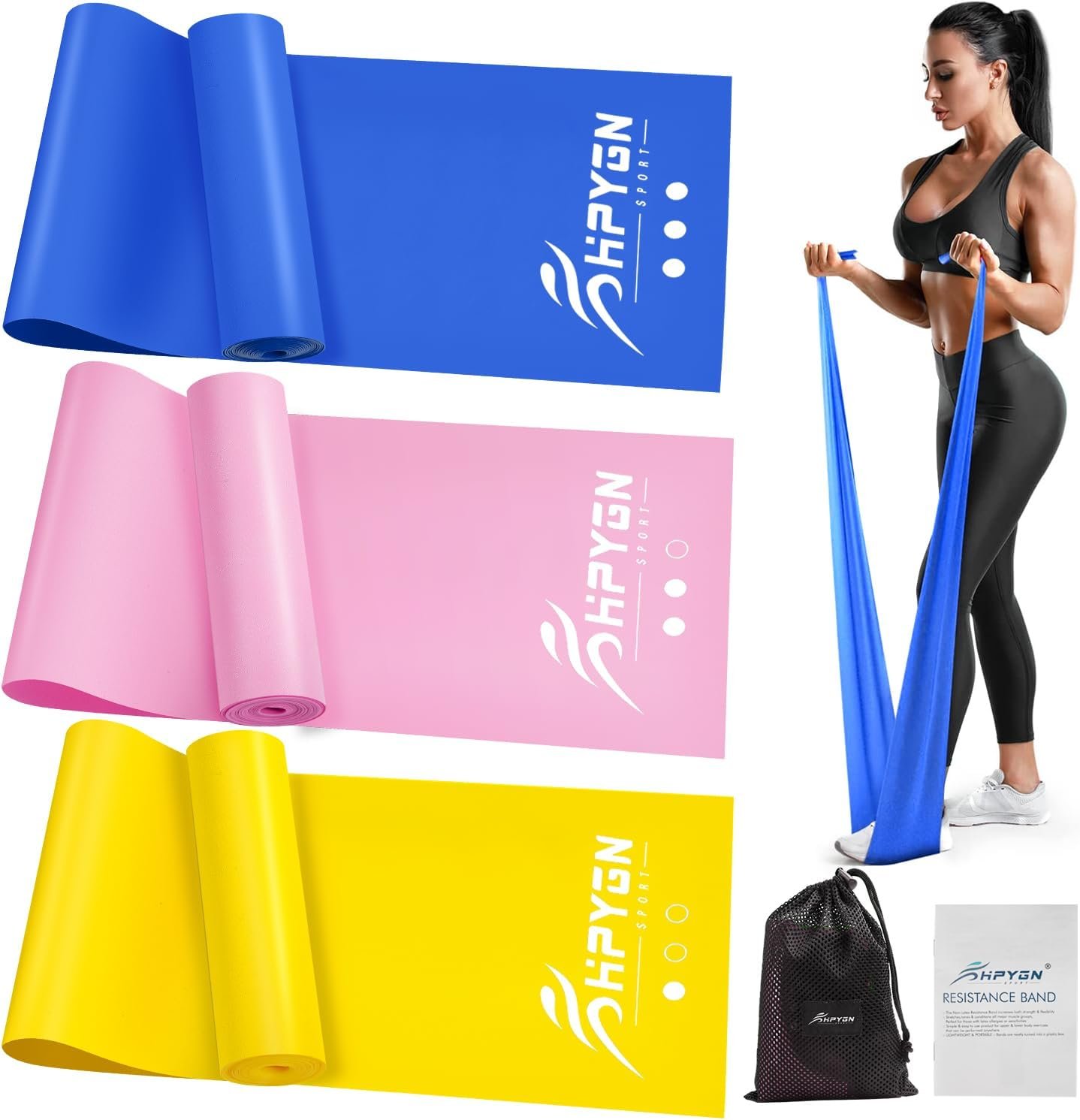 HPYGN 3 Levels Non-Latex Exercise Bands for Physical Therapy & Yoga, Professional Resistance Bands Set for Working Out, Strength Training, Pilates & Rehab, TPE Elastic Stretch Bands for Seniors, Women