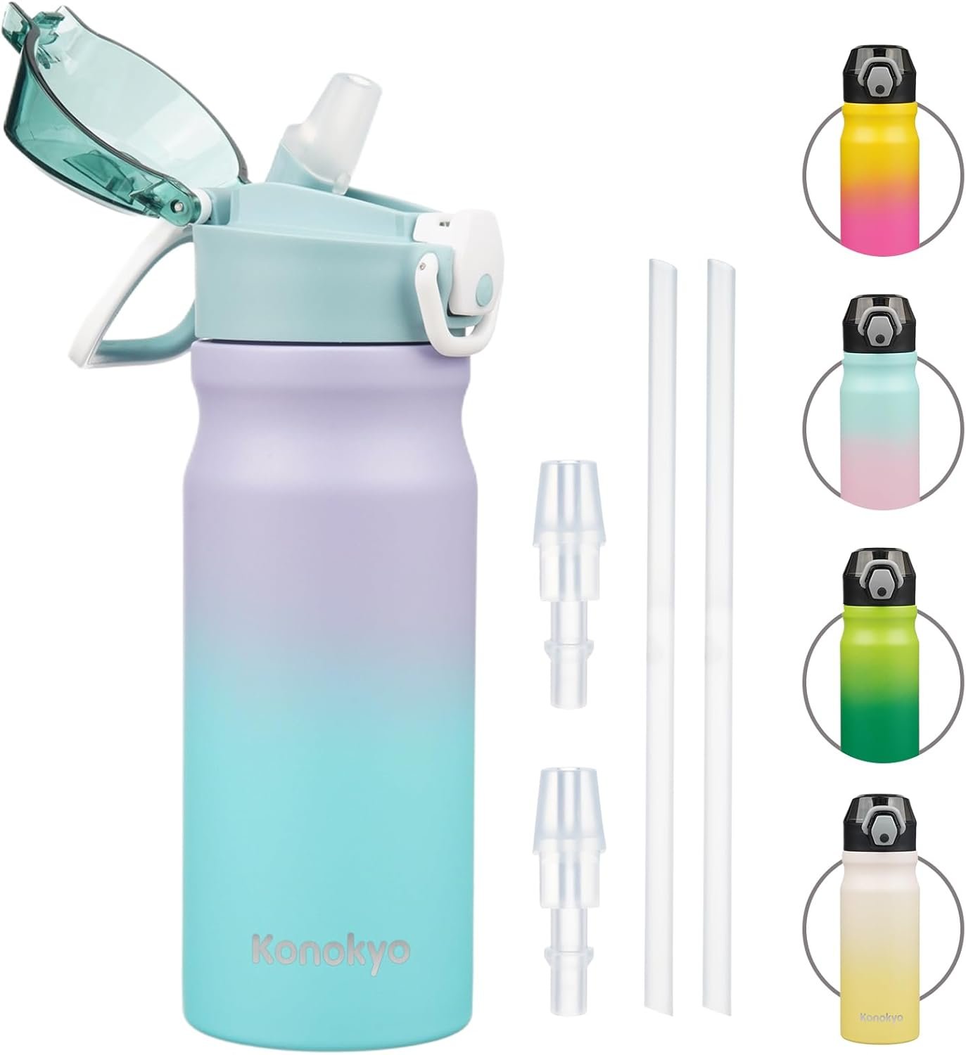 Konokyo Insulated Water Bottle with Straw and Carry Loop,18 oz Stainless Steel Double Wall Vaccum Metal Water Flask with Leak-proof Lid,Lavender Green
