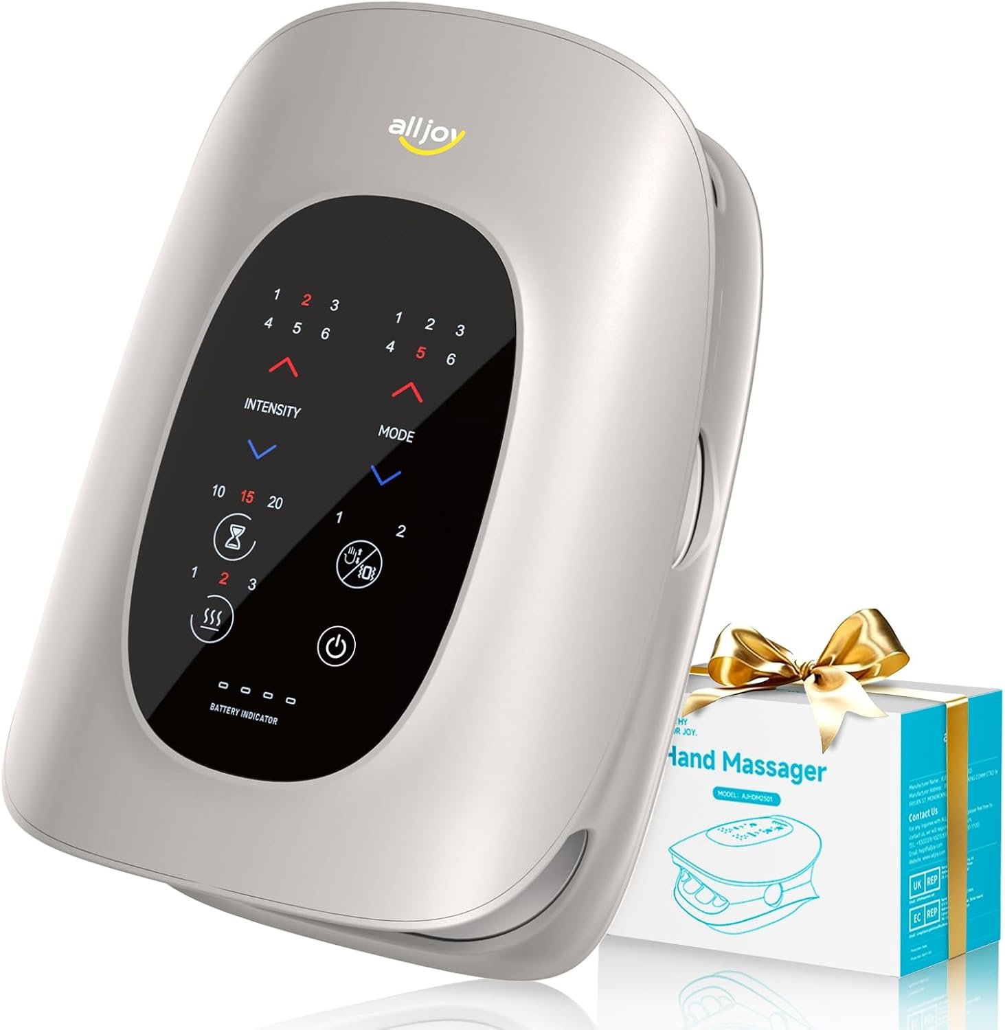 ALLJOY Hand Massager with Heat and Compression, Knuckle Stretching and Hand Massage, 6 Modes 6 Intensities 3 Heat for Arthritis and Carpal Tunnel Relief, Fathers Day Dad Gifts for Men(Champagne)