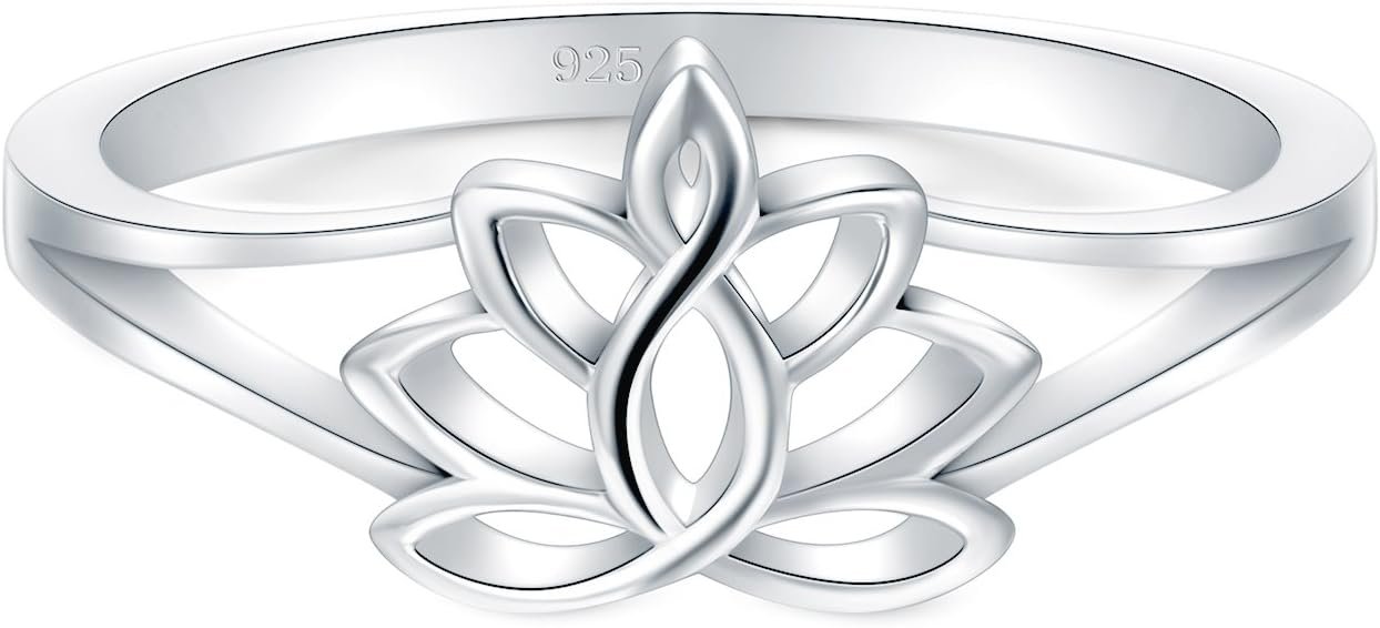 BORUO 925 Sterling Silver Ring, Lotus Flower Yoga High Polish Tarnish Resistant Comfort Fit Wedding Band Ring