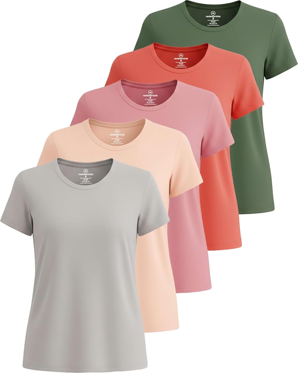 Real Essentials 5 Pack: Women’s Short Sleeve T-Shirts Workout Tops Fitness Pilates Gym Activewear Athletic (Plus Available)