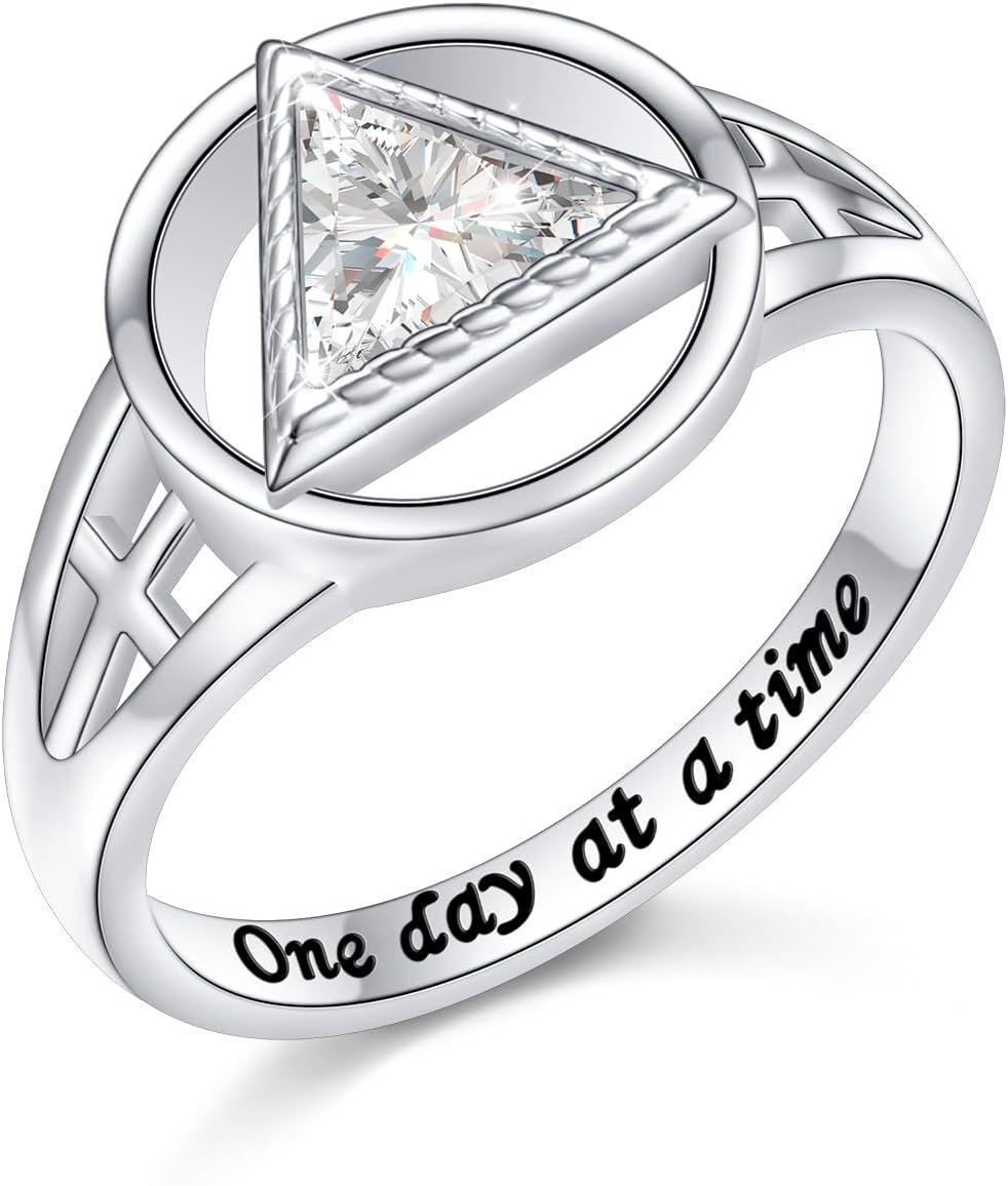 DAOCHONG Sobriety Ring for Women 925 Sterling Silver AA Alcoholics Anonymous Ring AA Sobriety Gifts CZ Cross Stay Sober Recovery Rings Alcoholics Anonymous Gifts for Women Her