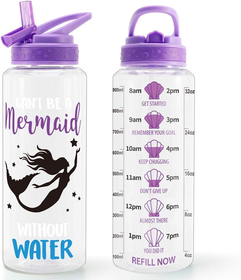 32oz Motivational Water Bottle with Straw & Time Marker, BPA FREE, Dustproof Flip Straw, Leak Proof, Easy Clean (Mermaid)