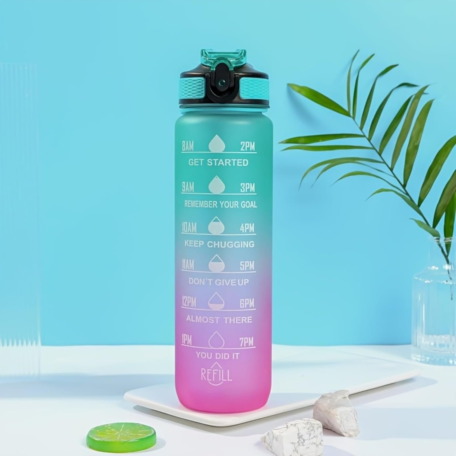 Motivational Water Bottle, 32 oz (1L), BPA-Free Tritan Plastic, Sports Fitness Bottle with Time Marker-Green Purple