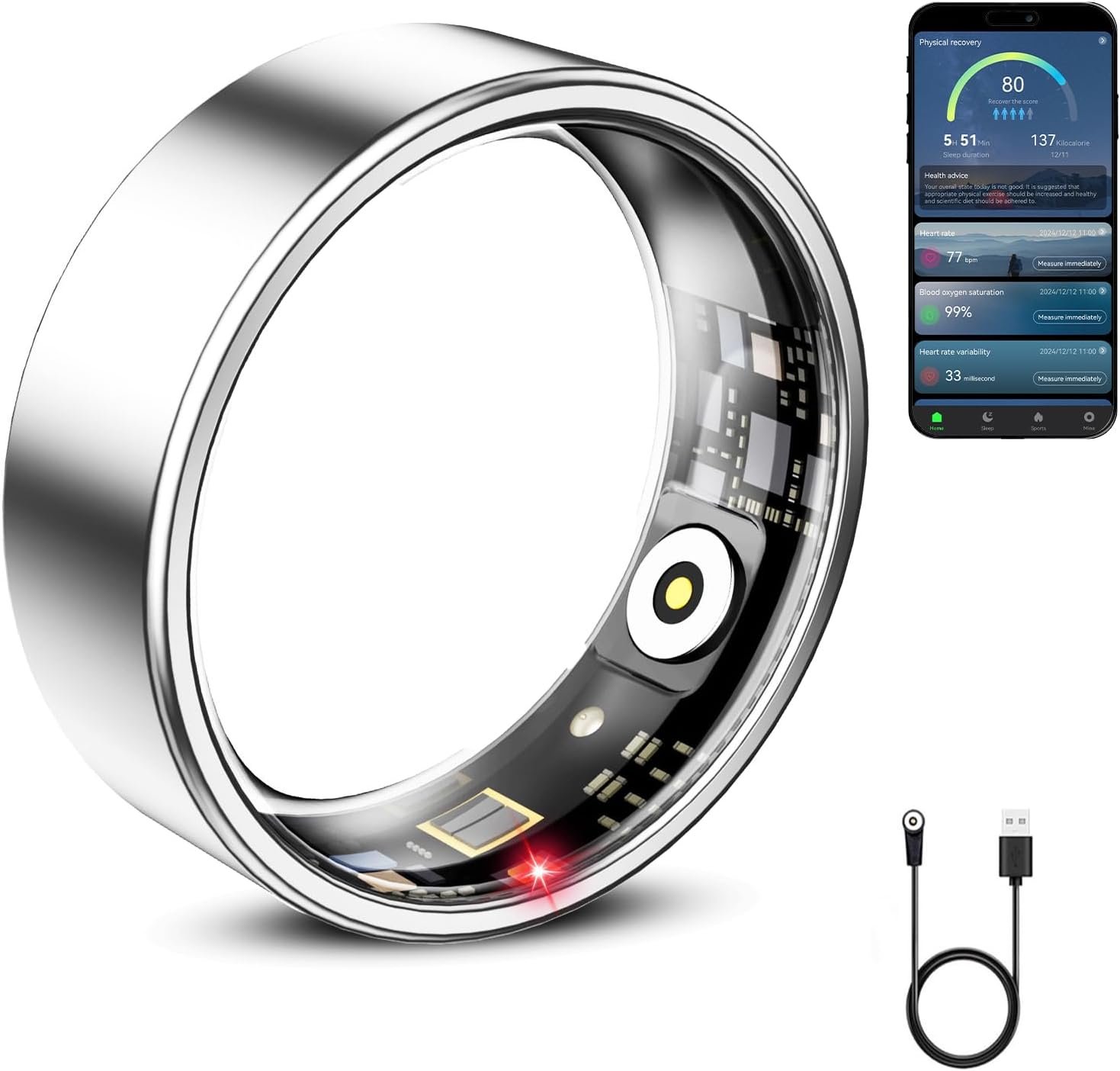 Mirlray Smart Ring for Women & Men, Smart Ring Health Tracker, Blood Oxygen & Heart Rate Monitor, Long Lasting Battery Sleep Ring, Waterproof Fitness Ring (Silver, 10)