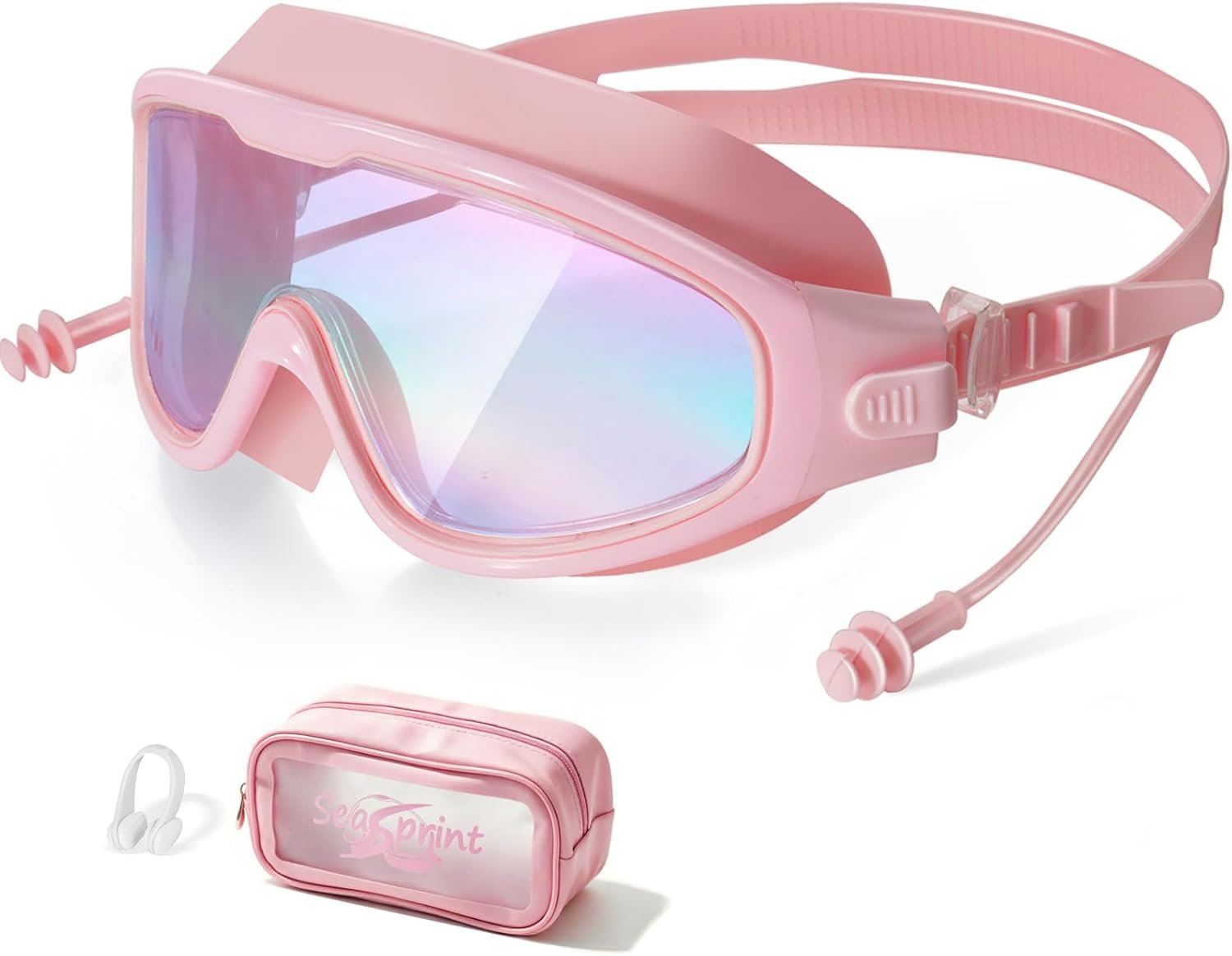 Adult Swimming Goggles,Leak-Proof,Anti-Fog Pool Glasses,Wide View Swim Goggles with Ear Plugs and Nose Clip