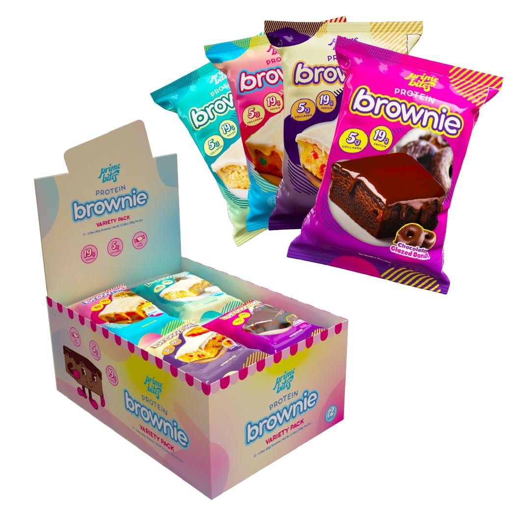 Prime Bites High Protein Brownie (12 Per Box, Variety Pack) – 19g of Protein, 5g of Collagen, Gluten Free, Low Sugar Treat, Delicious Protein Snack