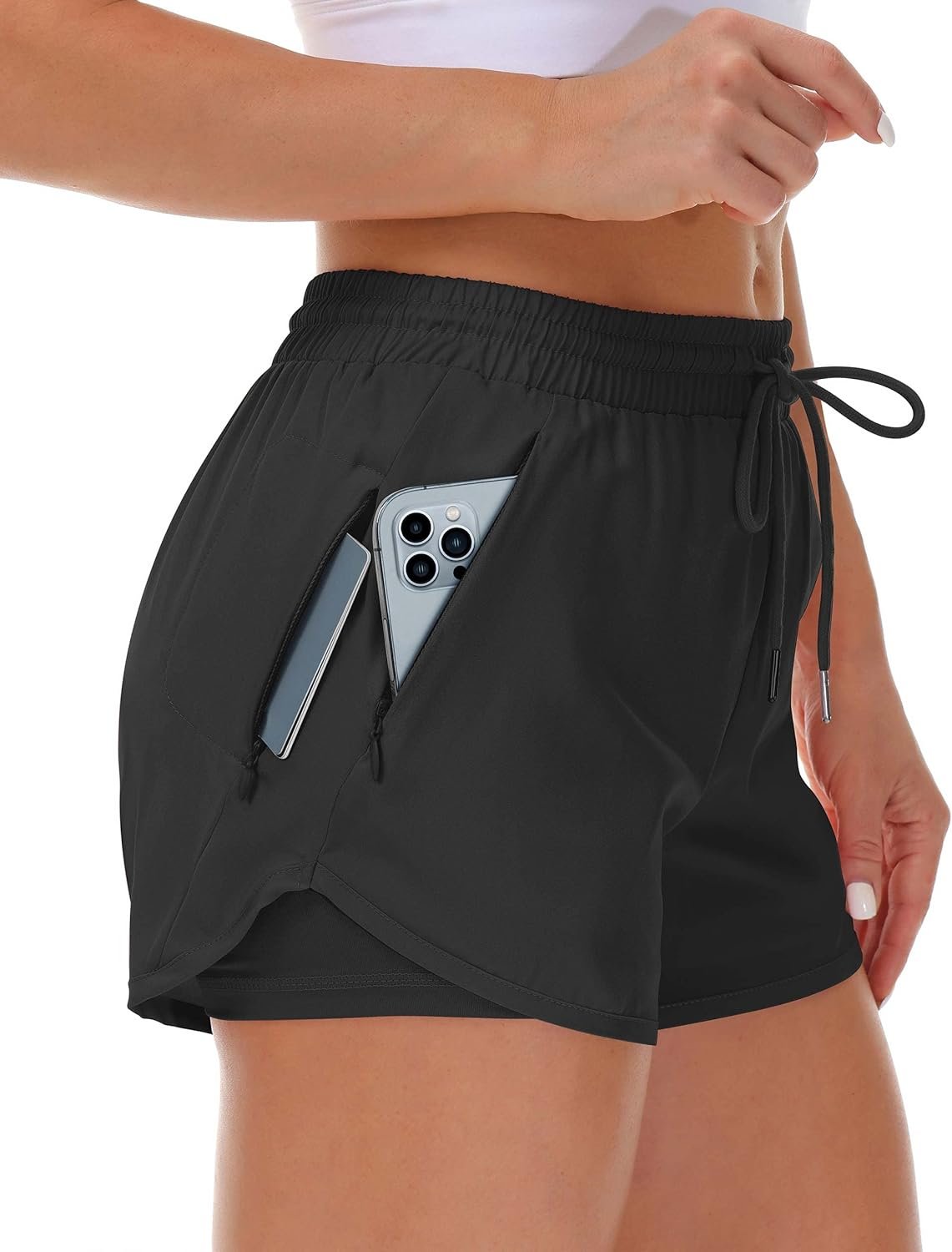 Mancreda Women’s Running Shorts with Liner 3 Zipper Pockets Elastic Workout Athletic Gym Yoga Shorts
