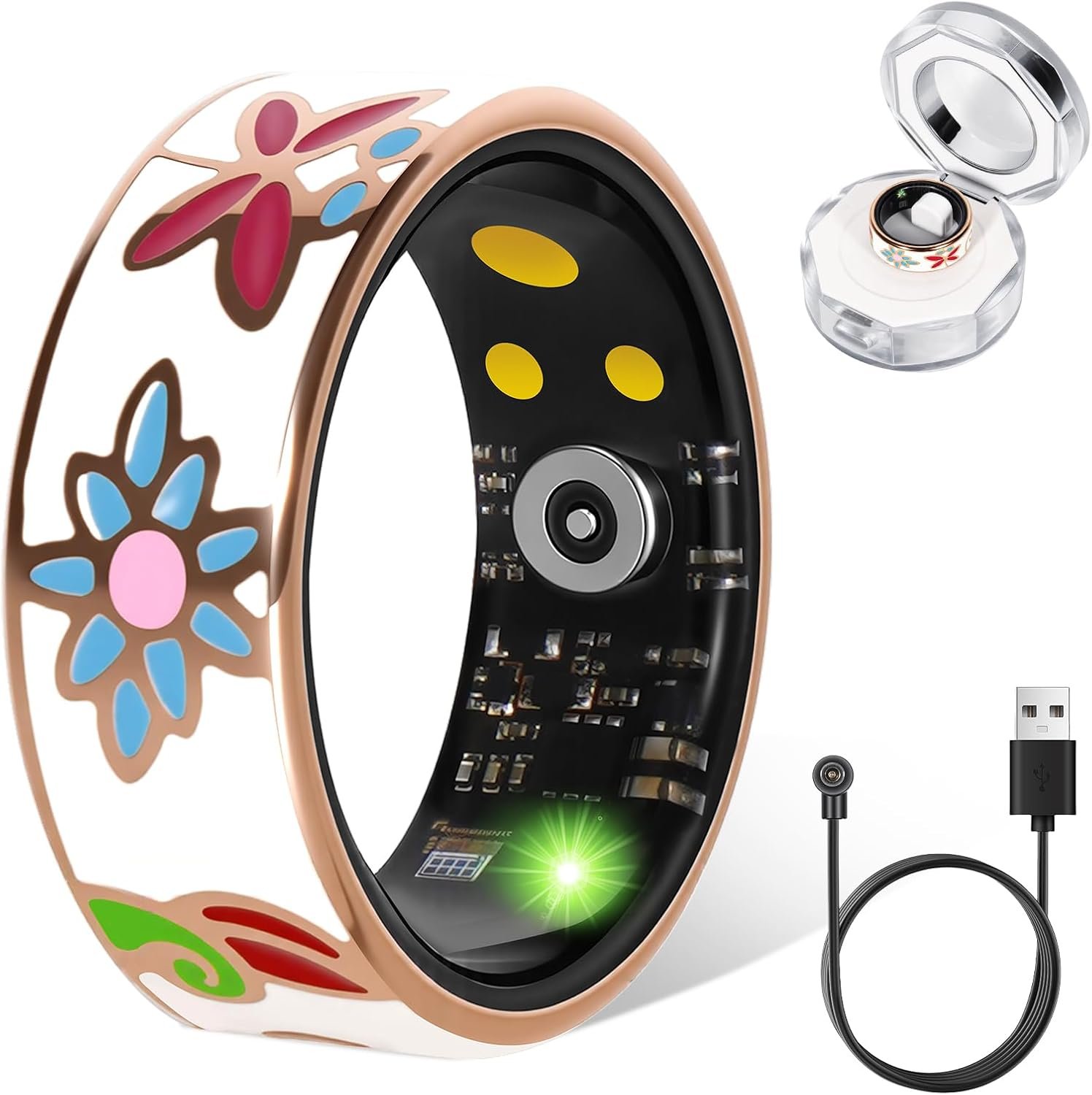 Smart Ring for Women & Men, Fitness Tracker with Heart Rate, SpO2, Blood Pressure & Sleep Monitoring, IP68 Waterproof, Long Battery Life, No Monthly Fees, for iPhone Android (10#&Floral)