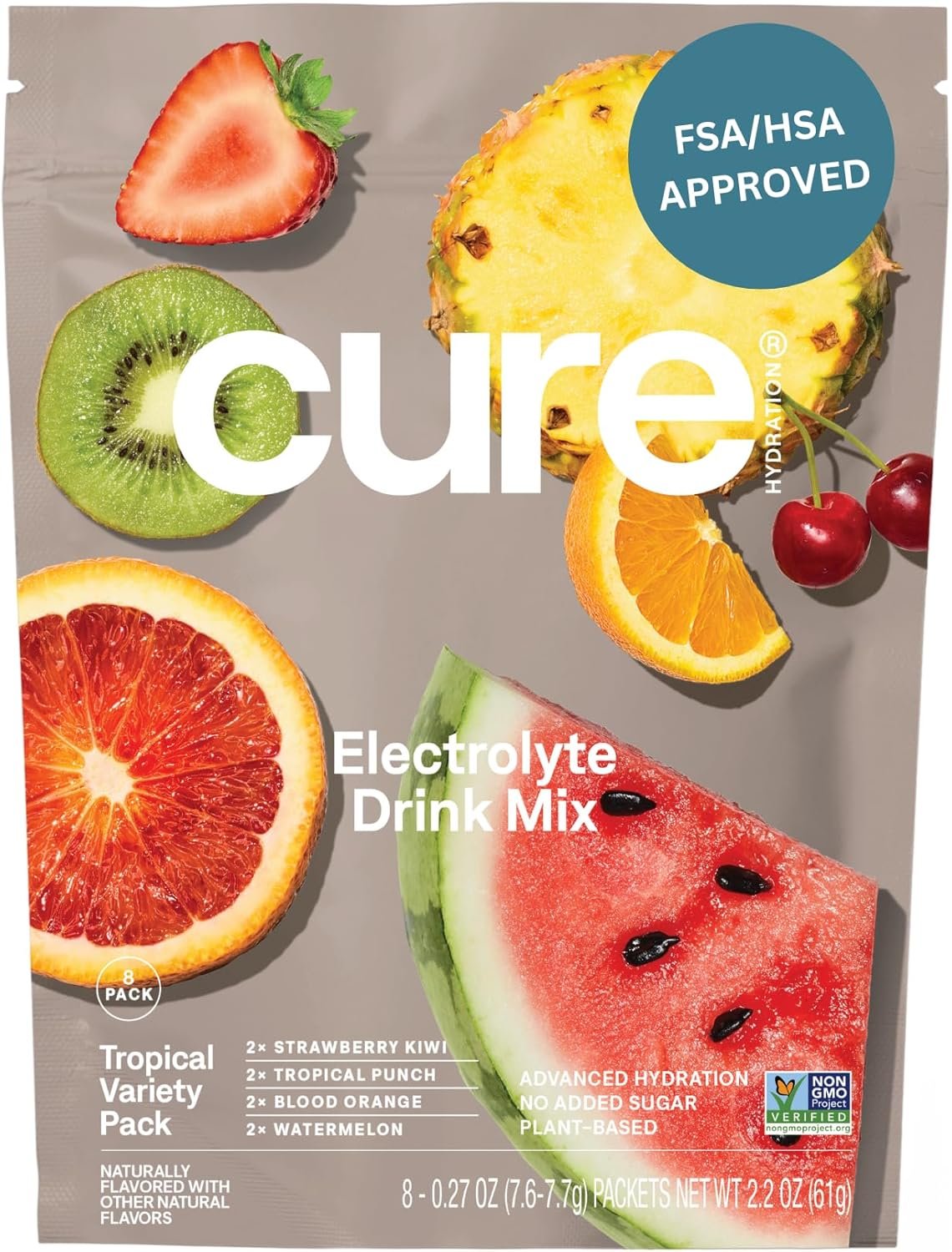 Cure Hydration | Plant-Based Electrolyte Drink Mix | No Added Sugar | FSA-HSA | Dehydration Relief Powder Made with Coconut Water | Non-GMO | Vegan | 8 Packets – Tropical Variety Pack