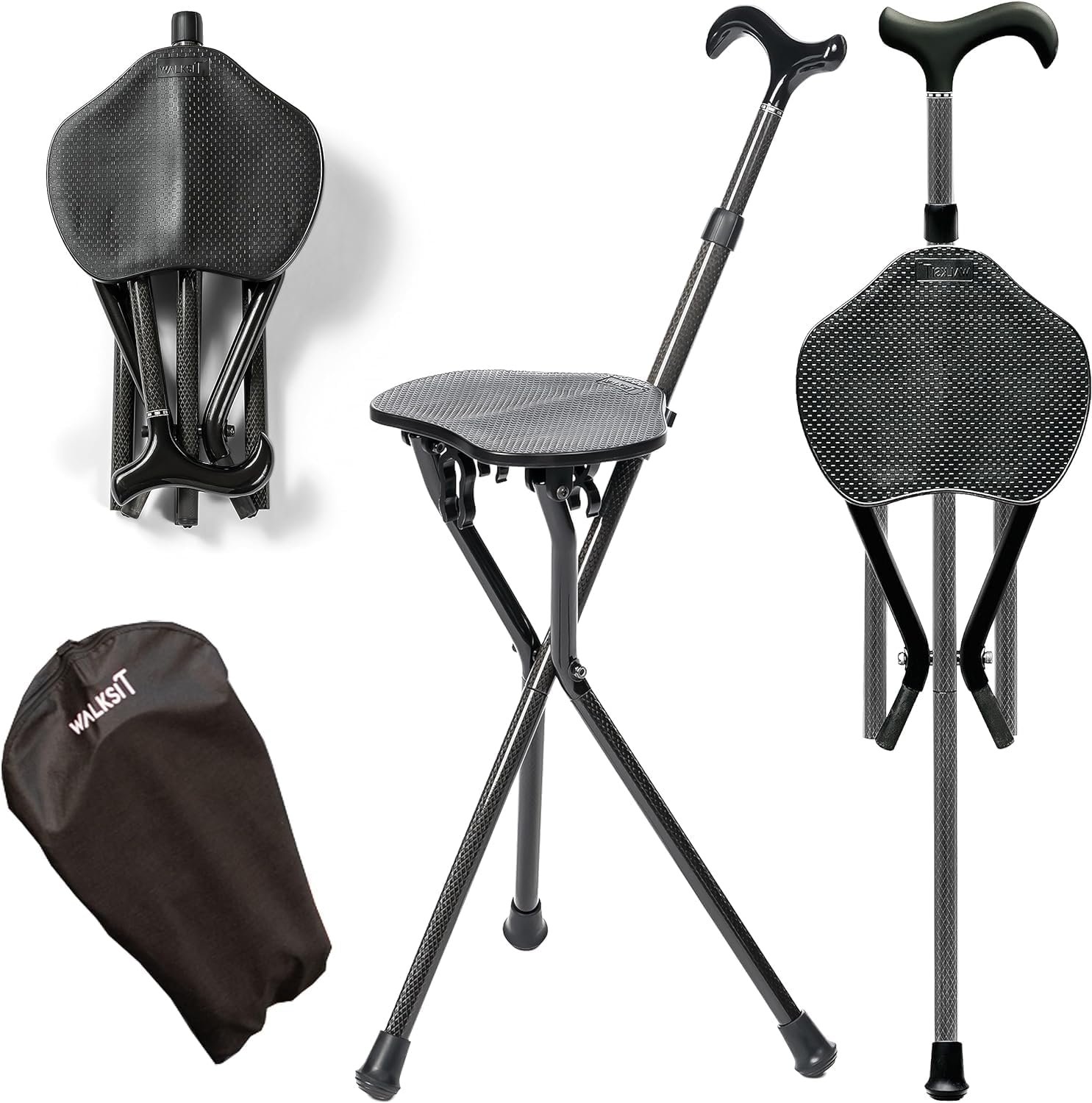 Carbon Fiber Cane Chair, Adjustable Cane Height, Foldable, Compact, Portable, Strong, Durable, Travel Cane Seat, Includes Carry Case with Adjustable Shoulder Strap