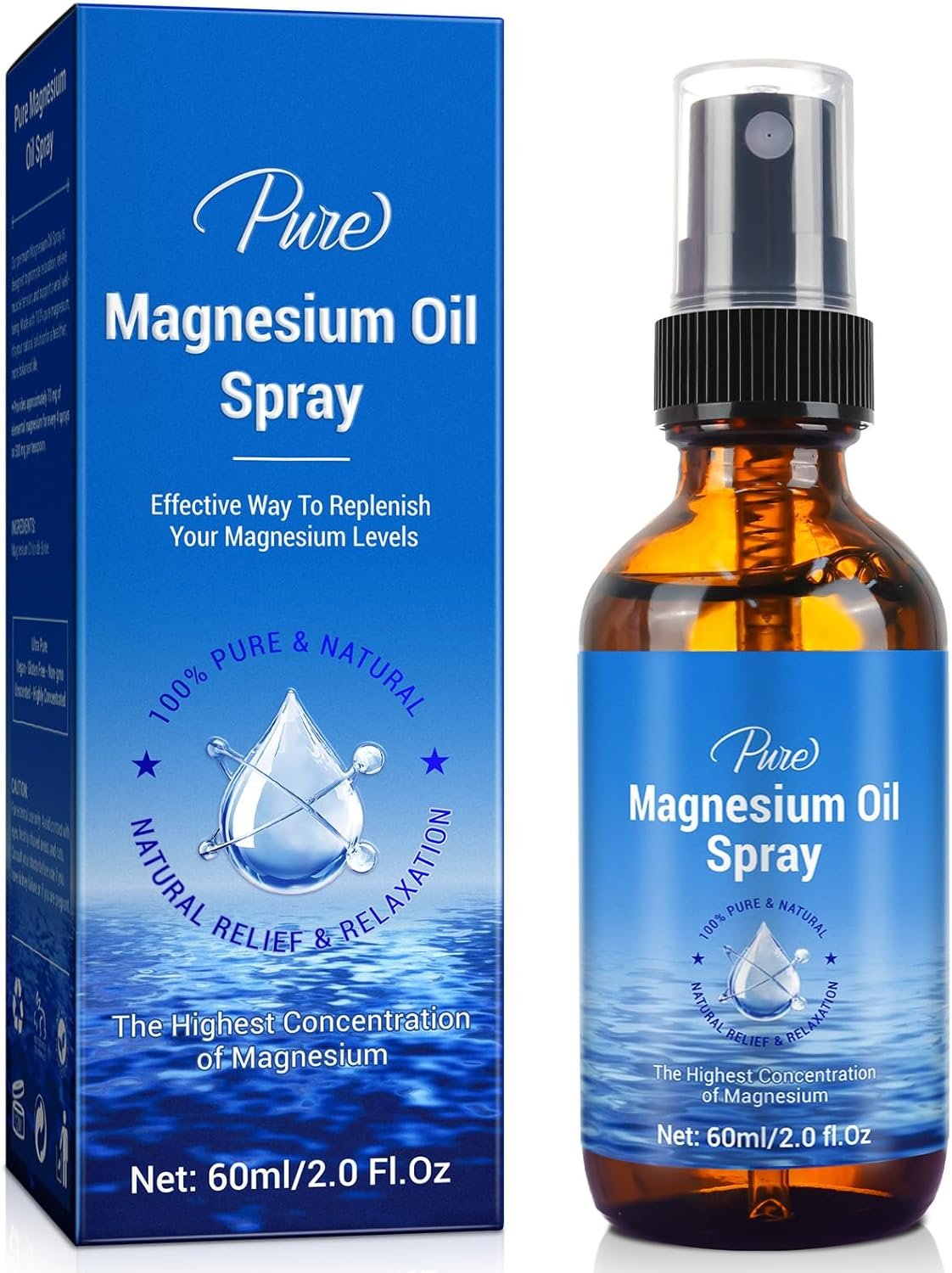 Magnesium Oil Spray-100% Organic Natural Magnesium Spray-Nourish The Skin-Easy to Absorb and Use-Glass Bottle 2 fl oz