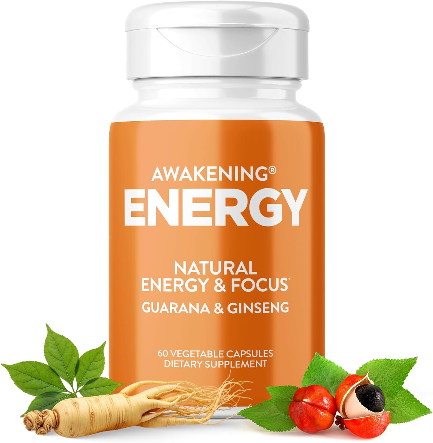 Awakening Natural Energy & Focus Supplement with Panax Ginseng, Guarana Extract & Chromium Picolinate | Brain Supplement for Focus, Energy, Mood & Clarity | Gluten Free Veggie, USA – 60 Caps
