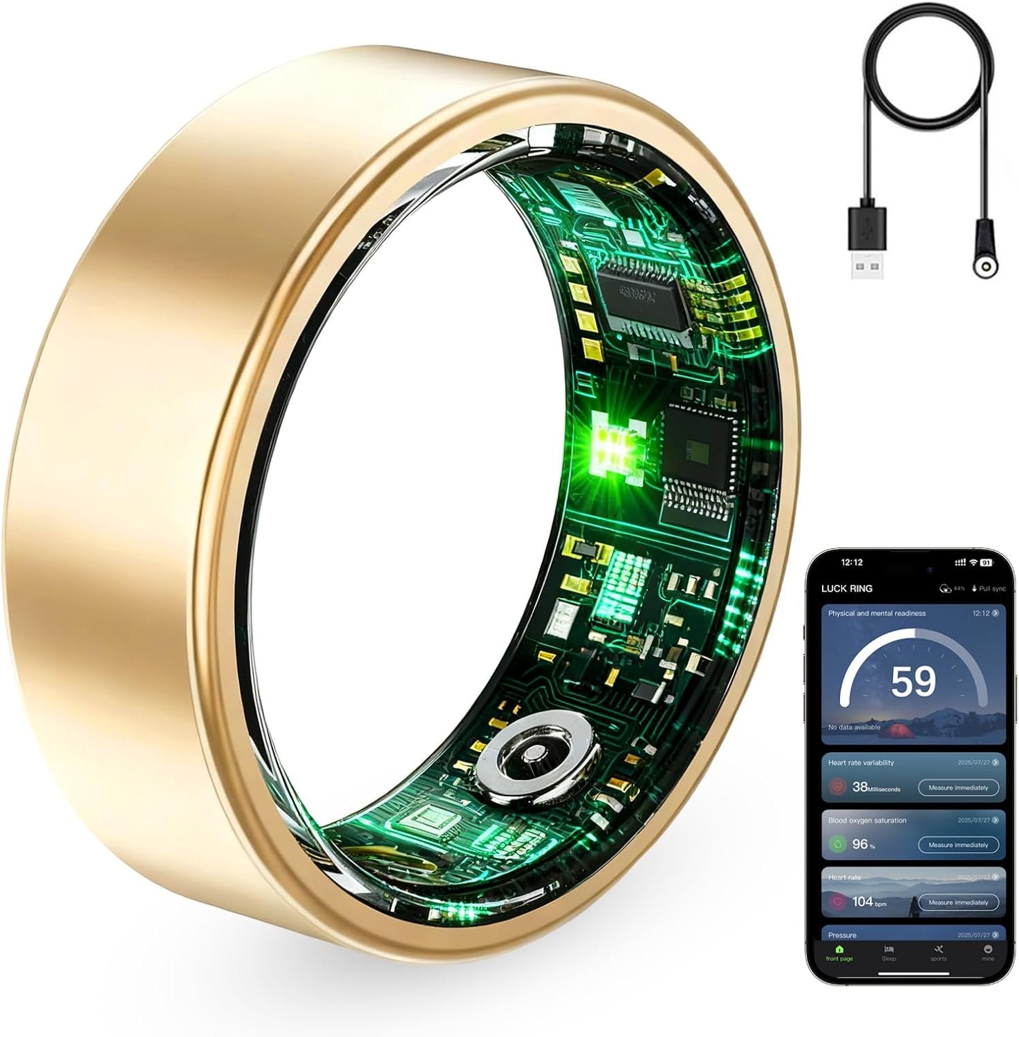 Smart Ring for Women & Men, Fitness Tracker Ring with Heart Rate Monitor, HRV, Sleep Tracking, No Subscription Fee, 10ATM Waterproof Activity Ring for Android & iPhone (Gold, 10)