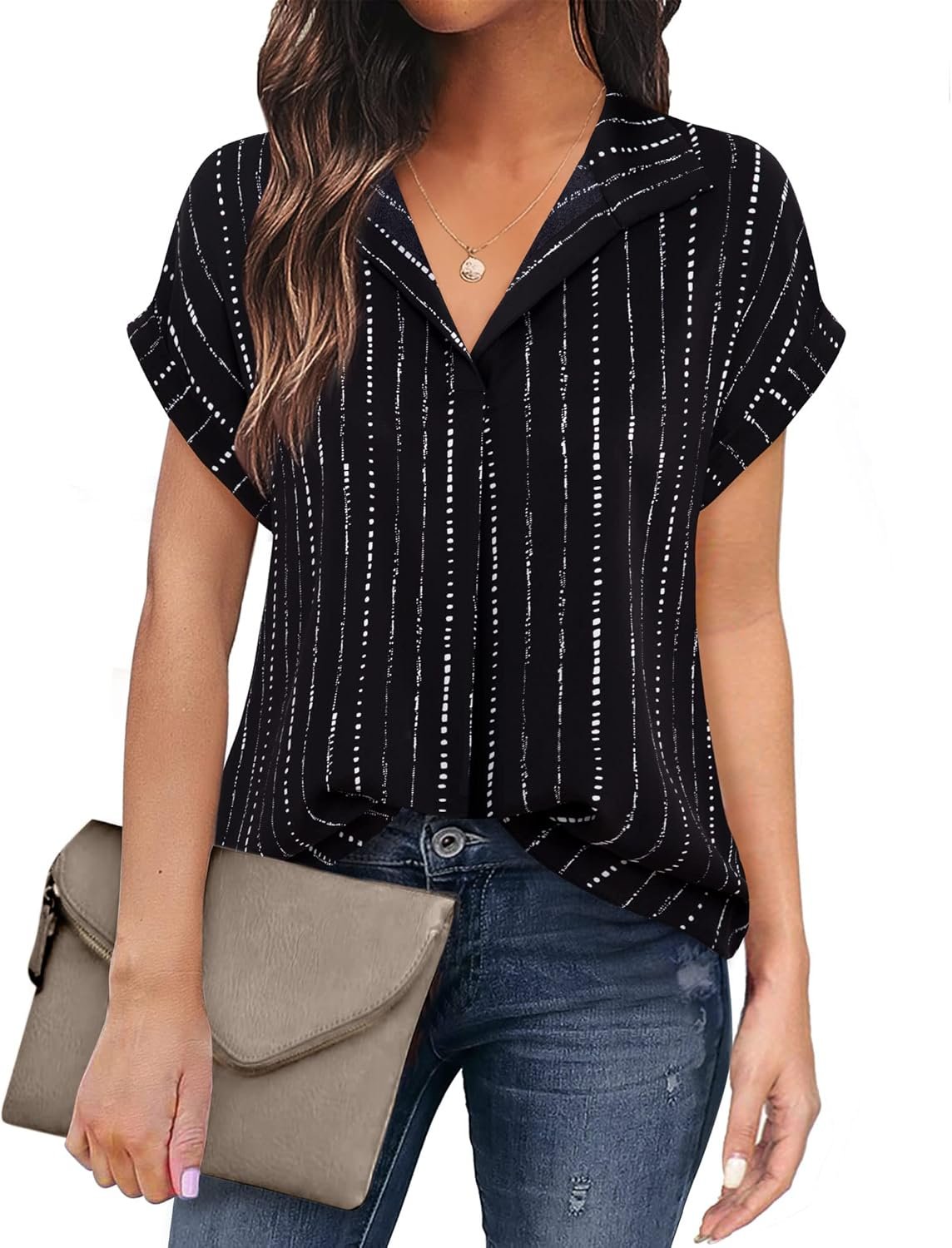 Timeson Women’s Short Sleeve Chiffon Blouses for Office Work Business Attire Collared Shirts