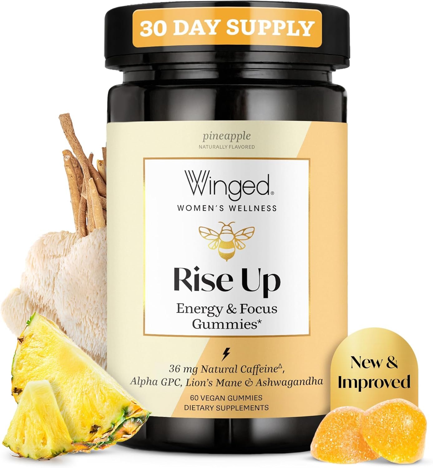 Winged Wellness Rise Up, Energy & Focus Gummies for Women – Daily Brain Boost Gummy Supplement with Natural Caffeine, Ashwagandha, B12, Nootropics Alpha-GPC & Lion’s Mane – Pineapple, 60 Gummies