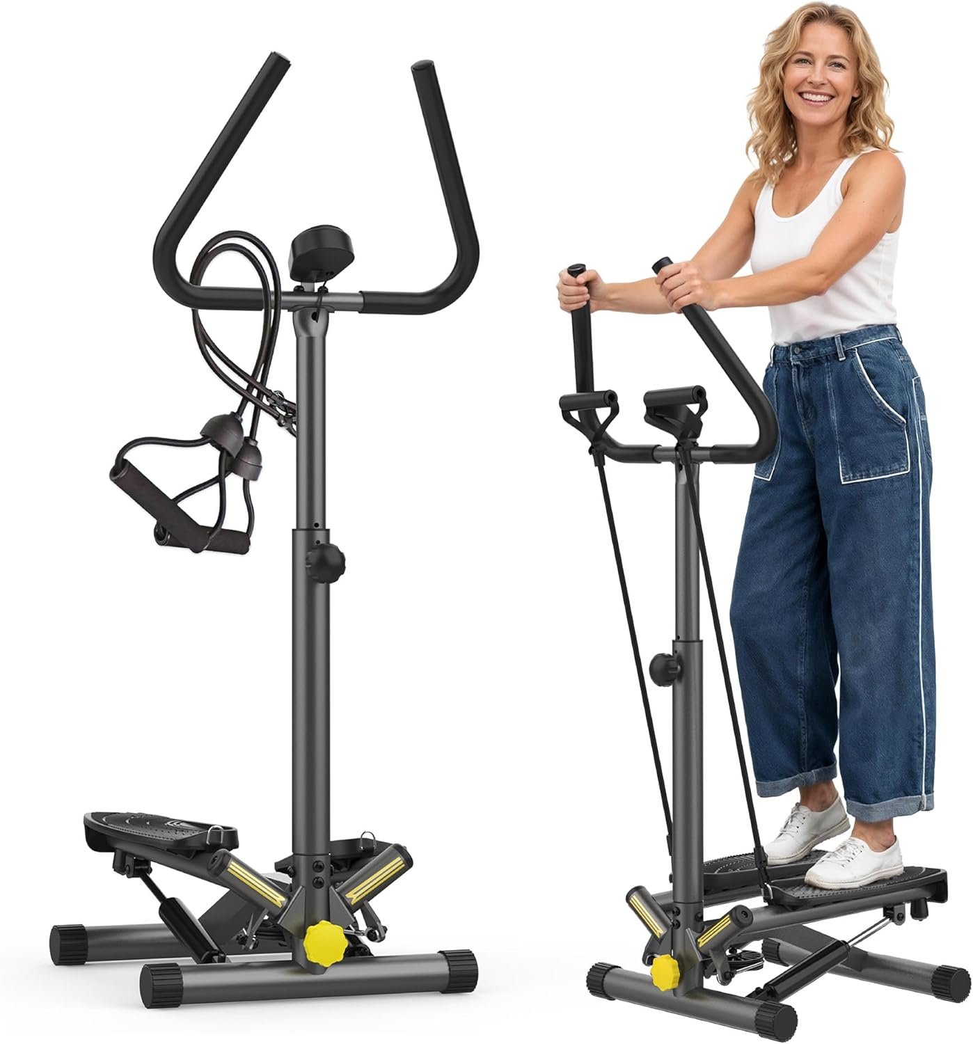 ZIWWVY Stepper Machine with Resistance Bands, Mini Stepper with 300LBS Weight Capacity, Twist Stepper for Full Body Workout, Adjustable Step Height, Smooth and Quiet, Step Machine for Men Women