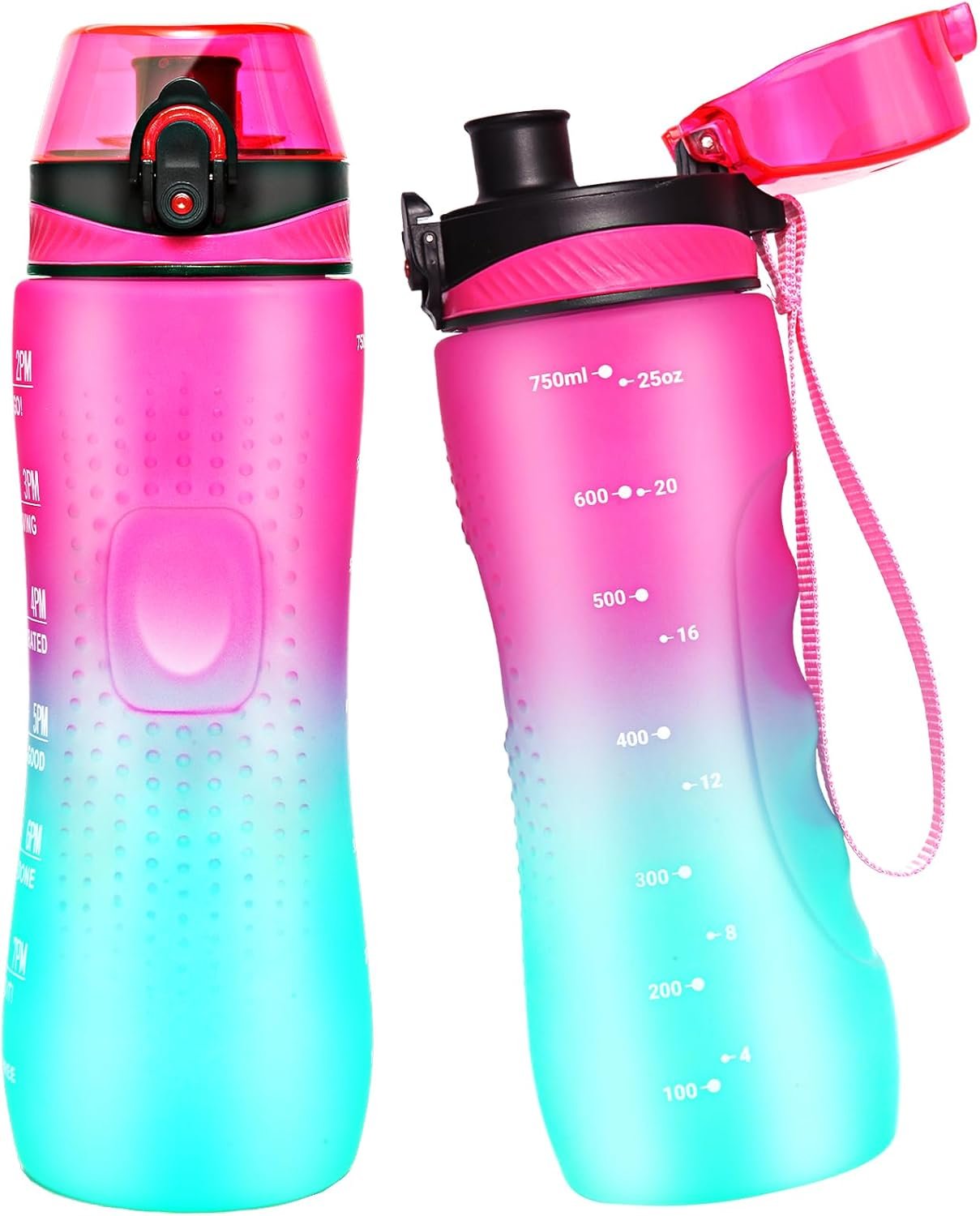 Water Bottle,25 oz Motivational Water Bottle with Time Marker,Sports Water Bottle with Carrying Strap,Leakproof & BPA Free,Reusable,for Teenager, Adult,Outdoors, Cycling, School & Office